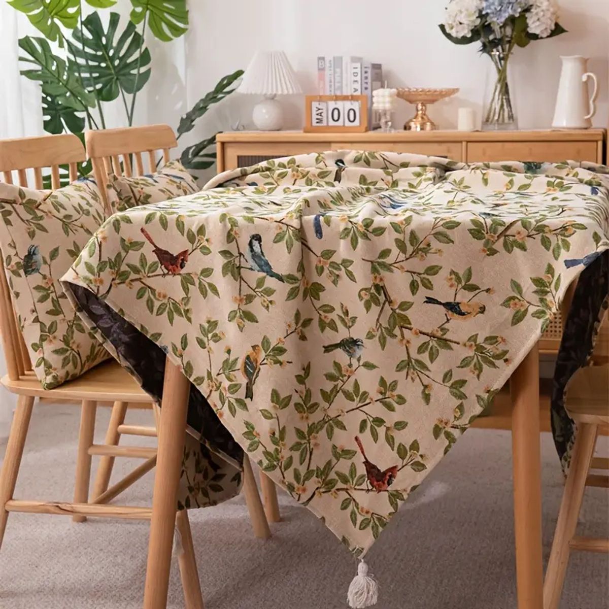 PUREPOWER - Mantel Rectangular Flores  Aves Jacquard 140x180cm con Flecos