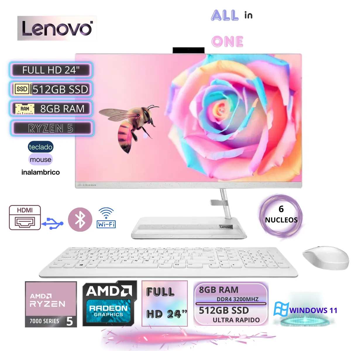 LENOVO - All in One Lenovo IdeaCentre AIO 3 AMD Ryzen 5 7430U, 8GB ram, 512GB SSD