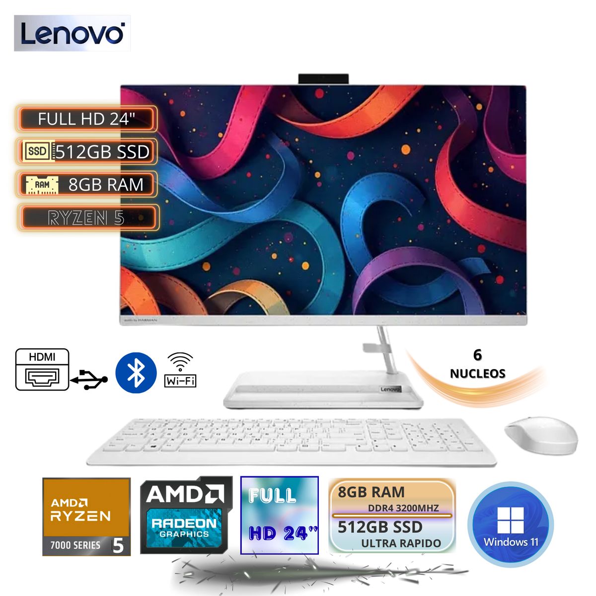 LENOVO - All in One Lenovo IdeaCentre AIO 3 AMD Ryzen 5 7430U, 8GB ram, 512GB SSD