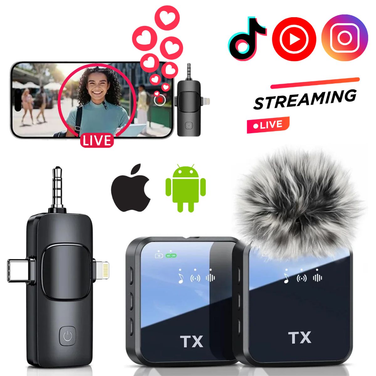 SEISA - Microfonos Inalambricos Solaperos Recargables Dual 3 en 1 Para Creadores Contenido Live Streaming