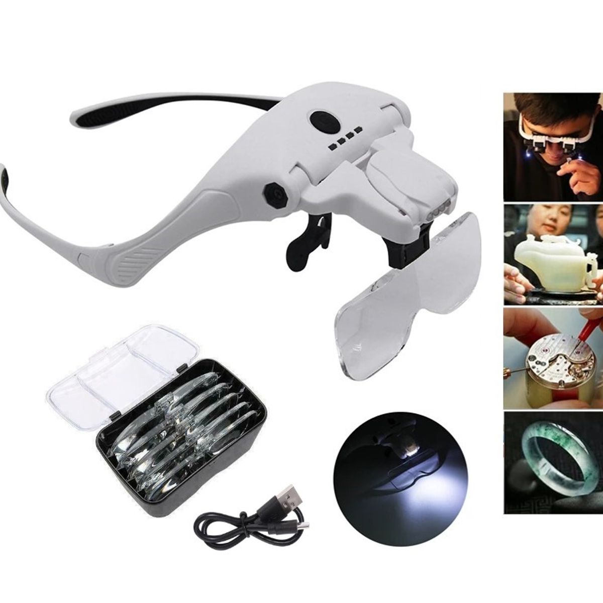 GENERICO - Lupa De Cabeza Recargable 4 Luz Led + 5 Lentes Cosmiatra