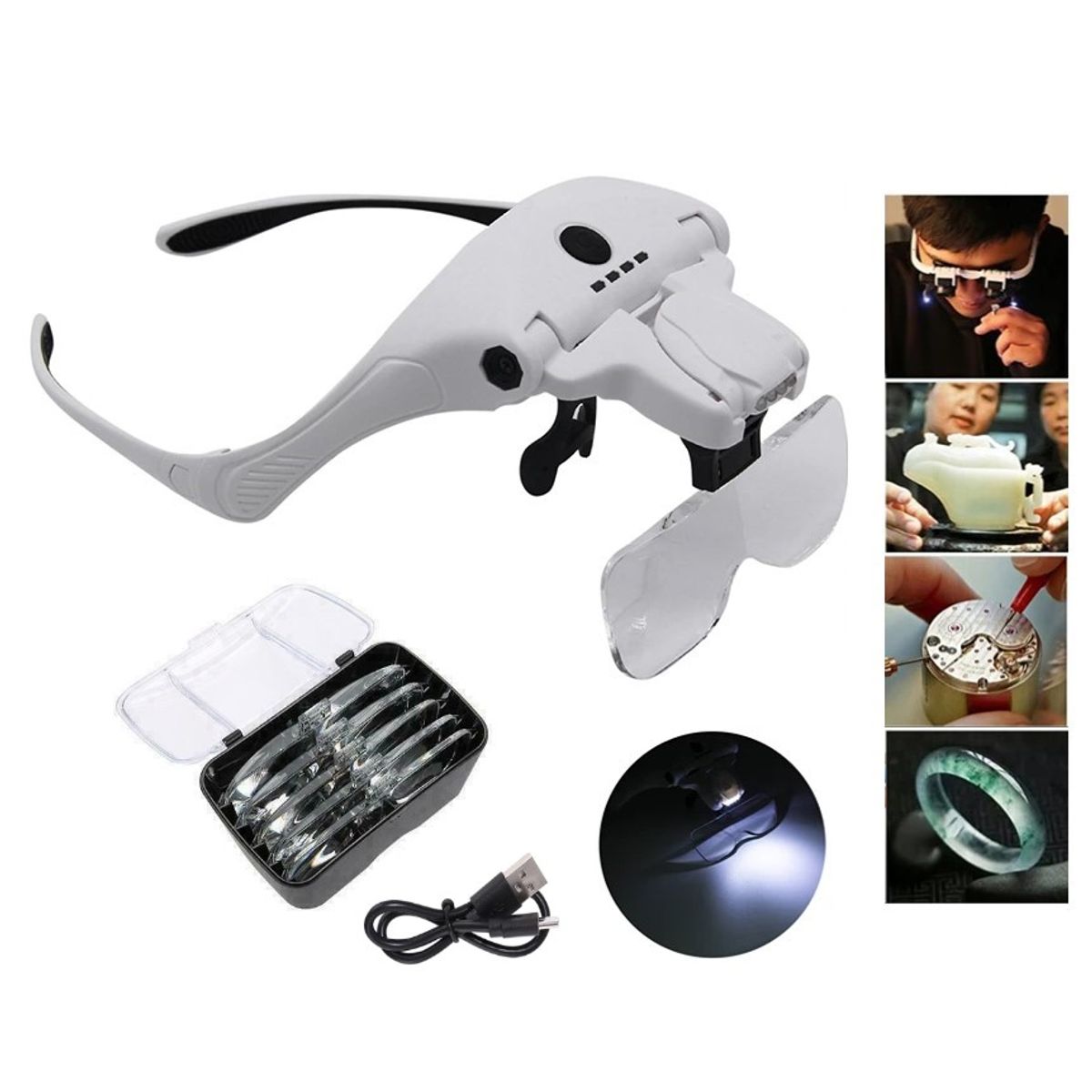 GENERICO - Lupa De Cabeza Recargable 4 Luz Led + 5 Lentes Cosmiatra