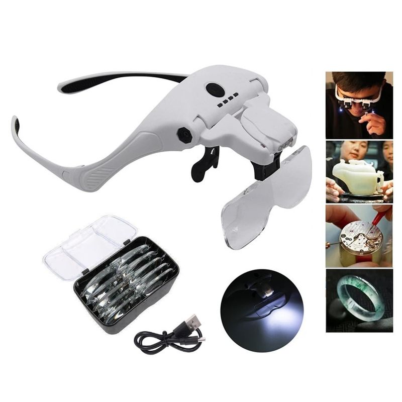 GENERICO - Lupa De Cabeza Recargable 4 Luz Led + 5 Lentes Cosmiatra
