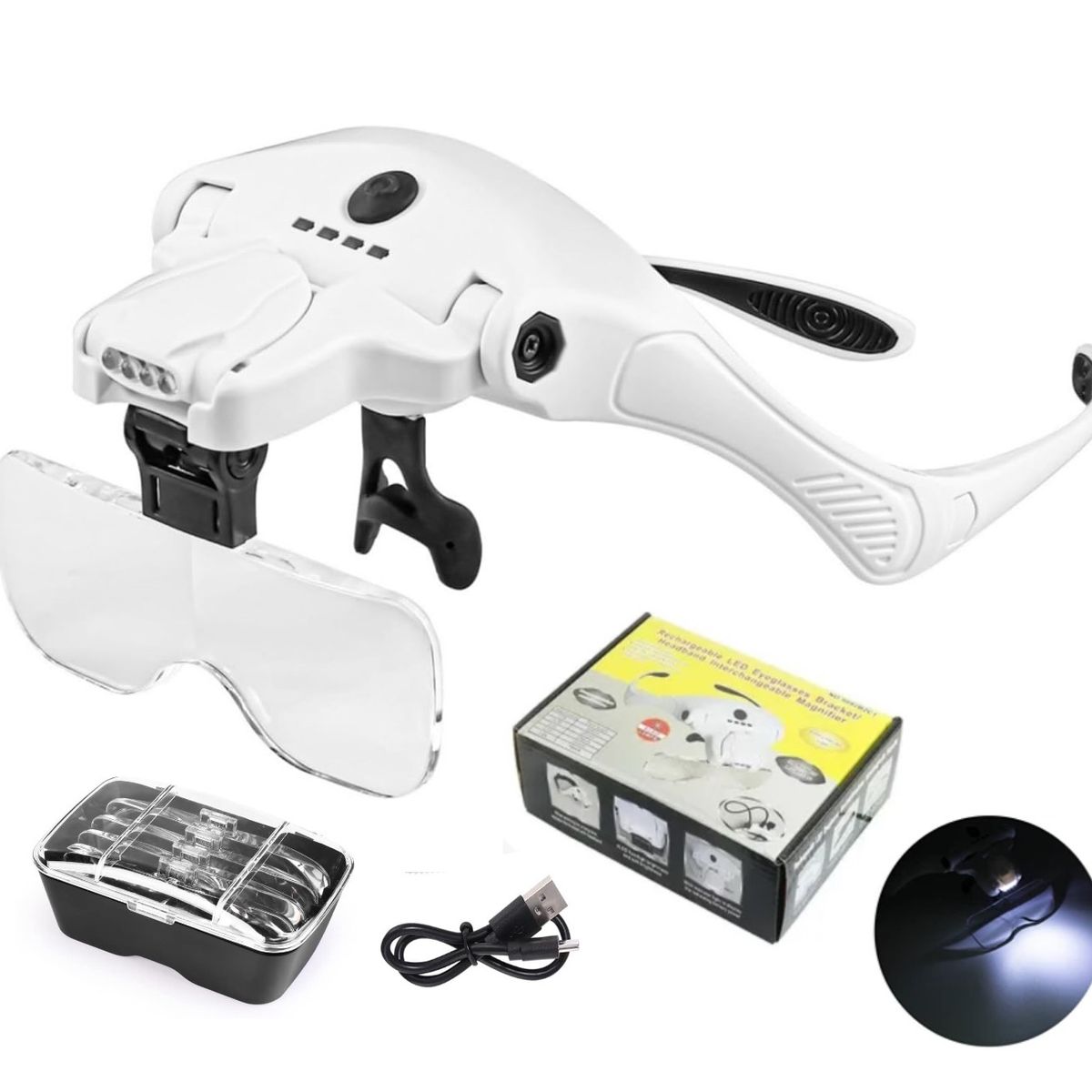 GENERICO - Lupa De Cabeza Recargable 4 Luz Led + 5 Lentes De Aumento