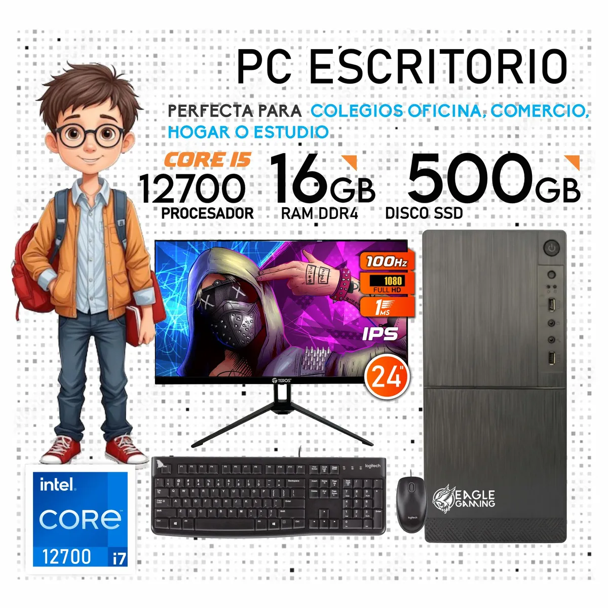 INTEL - Computadora PC Intel Core i7 12700 12VA GEN RAM 16GB SSD 500GB Monitor 24 FHD