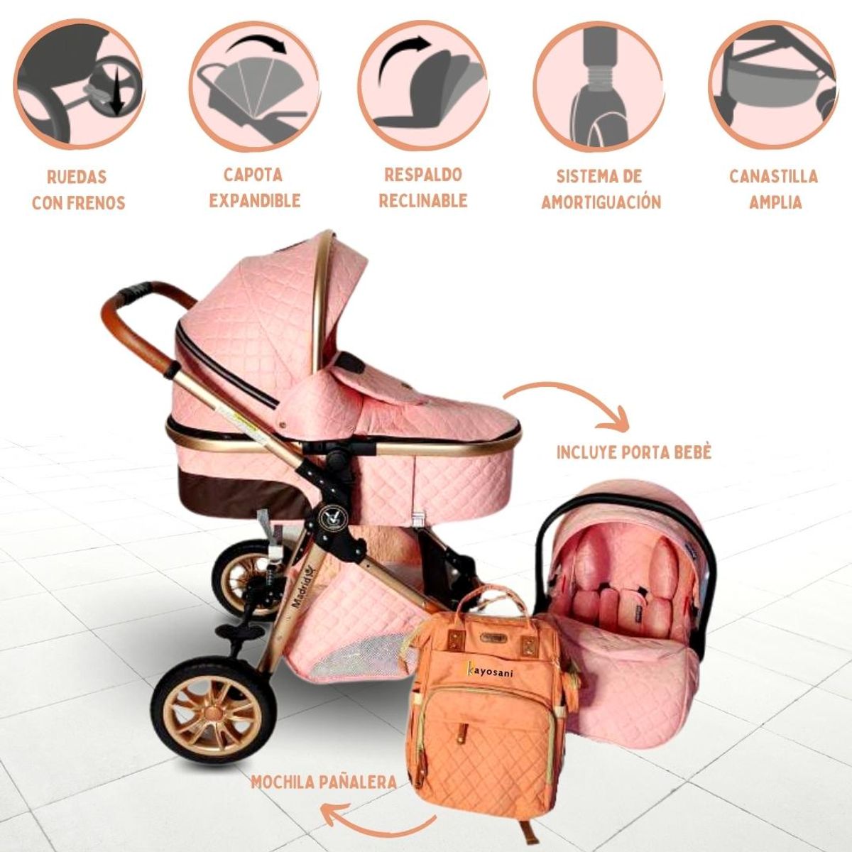 VOYAGE - Coche TRAVEL SYSTEM 4 en1 con Portabebé «MADRID» Pink