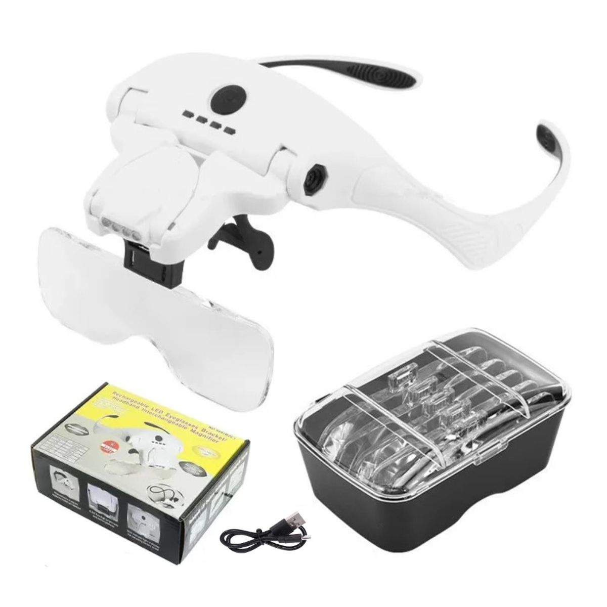 GENERICO - Lupa De Cabeza Recargable Con 4 leds + 5 Lentes de Aumento