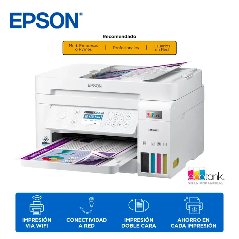 EPSON - Impresora EPSON Ecotank ET-3850 Dúplex Color A4 Wi-Fi LED 2.4 White