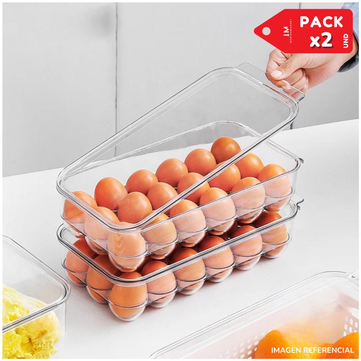 INSPIRA MARKET - Contenedor organizador de huevos 18 huevos Pack x2
