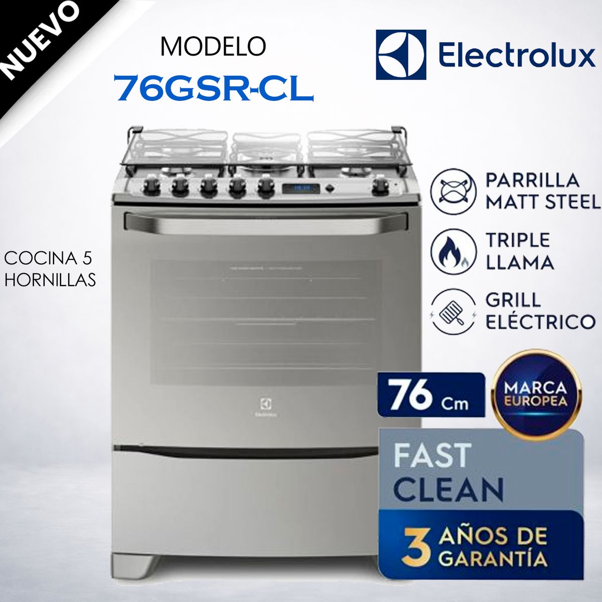 ELECTROLUX - 76GSR-CL - Cocina Freestanding Gas 5 Quemadores Triple Llama Electrolux