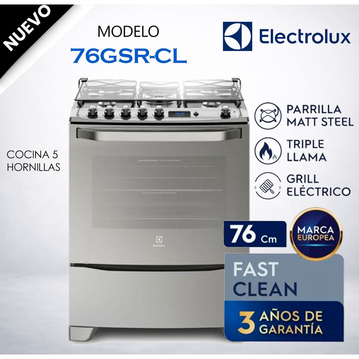 ELECTROLUX - 76GSR-CL - Cocina Freestanding Gas 5 Quemadores Triple Llama Electrolux