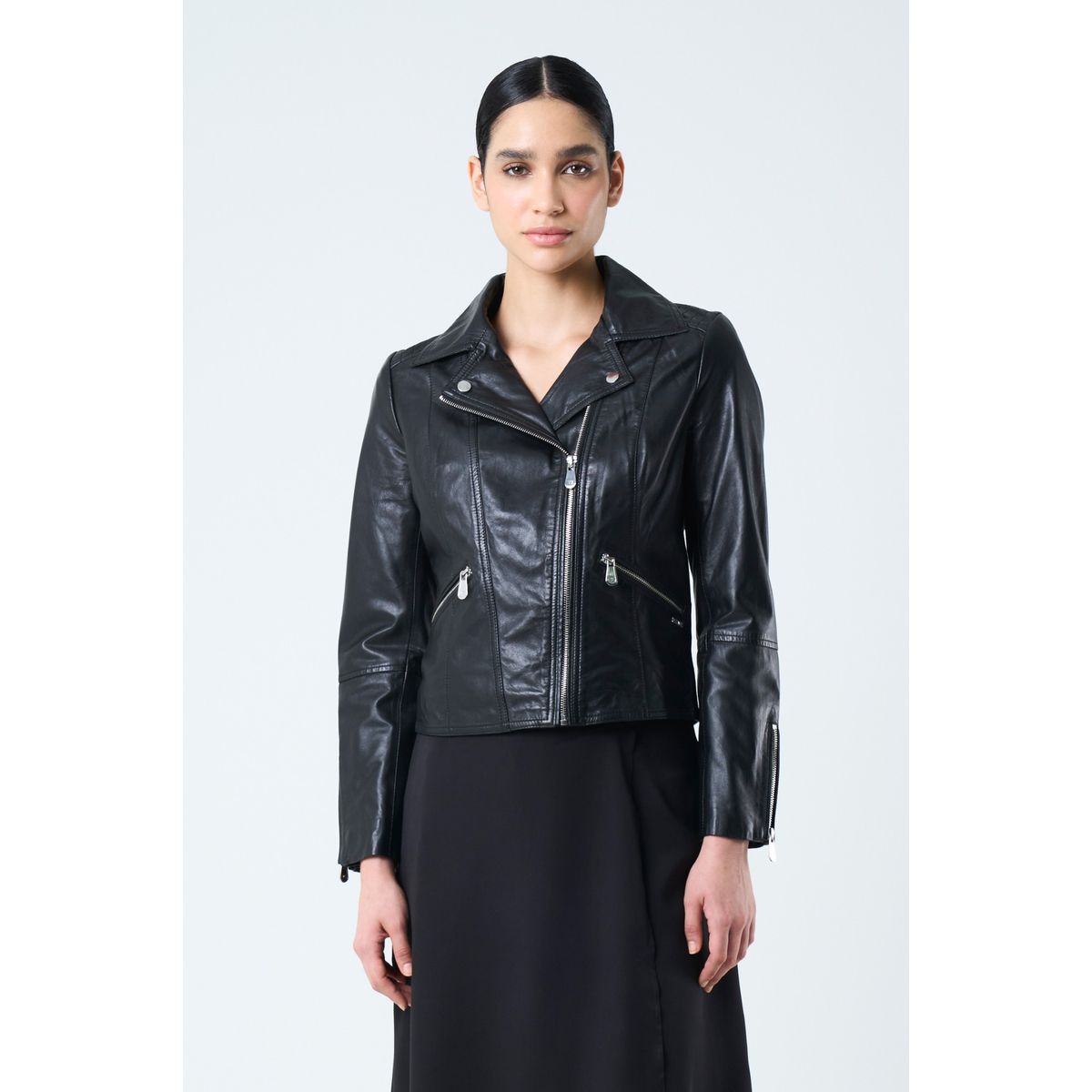 VELEZ - Vélez Casaca Silueta Biker Cuero Mujer Cremalleras Negro