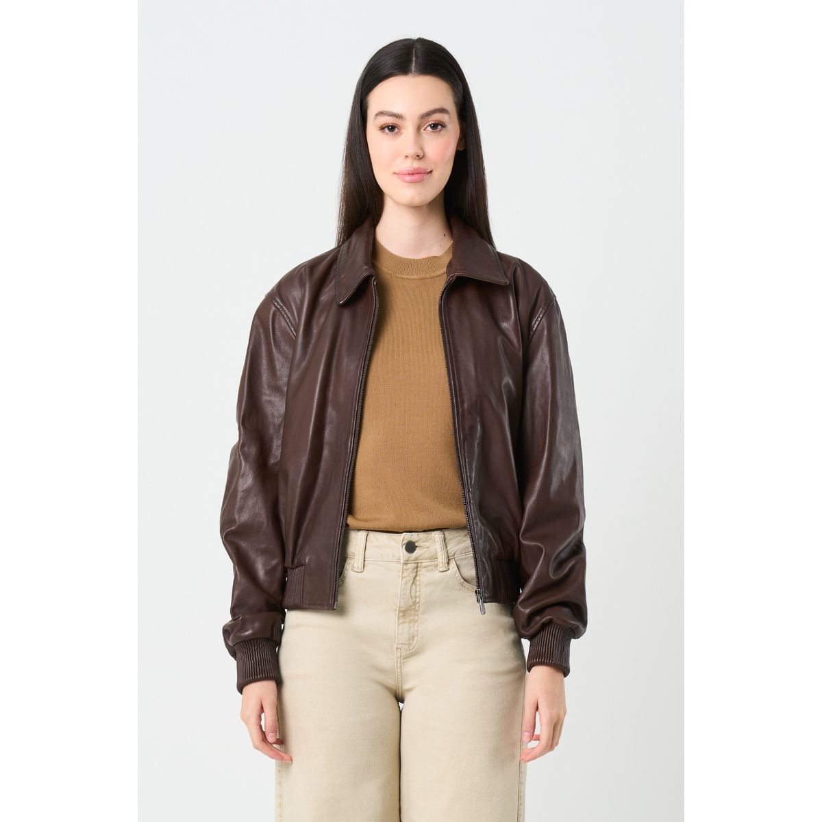 VELEZ - Vélez Casaca Bomber De Cuero Para Mujer Hazel Cafe