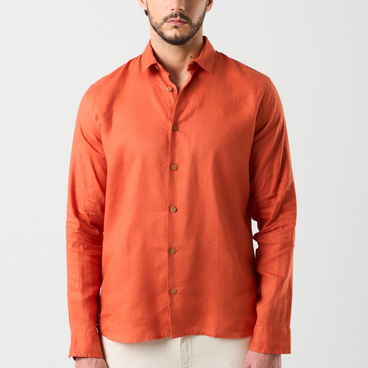 Velez - Vélez Camisa Manga Larga Lino Hombre Silueta Semifit Naranja