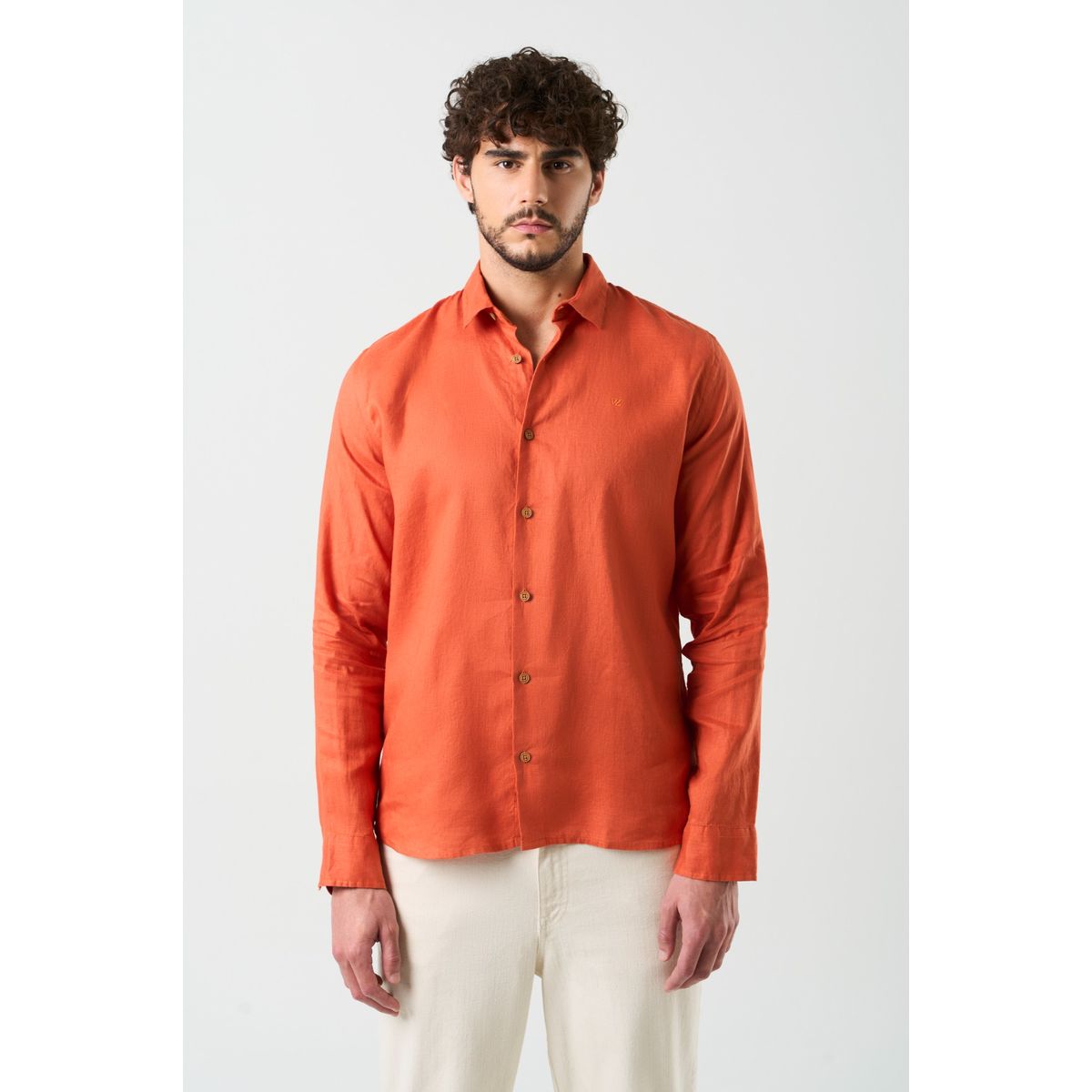 Velez - Vélez Camisa Manga Larga Lino Hombre Silueta Semifit Naranja