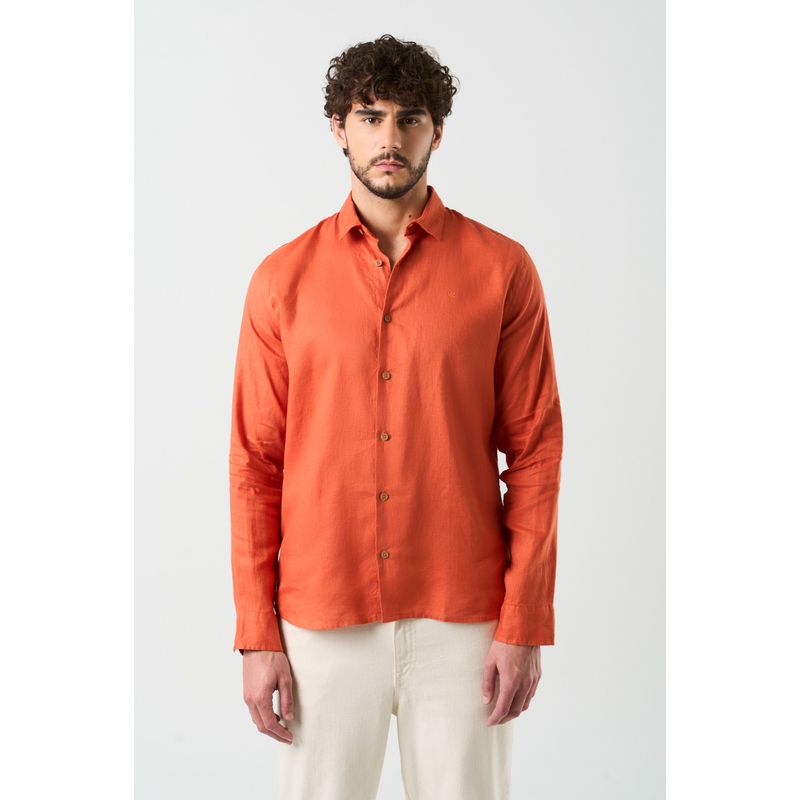 VELEZ - Vélez Camisa Manga Larga Lino Hombre Silueta Semifit Naranja
