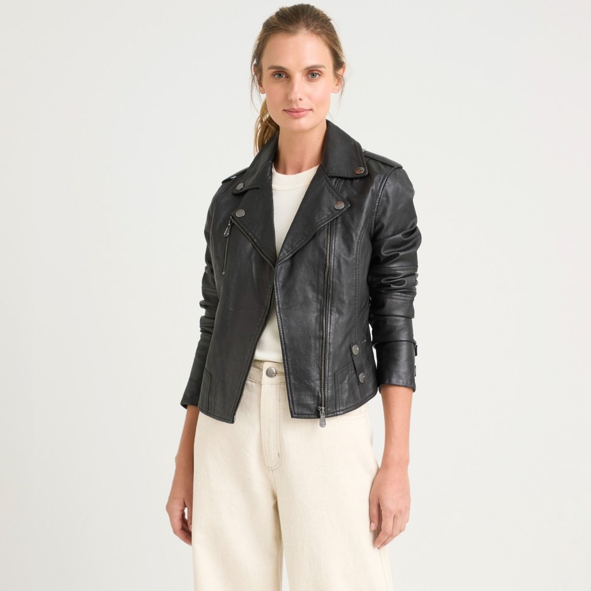 VELEZ - Vélez Casaca Biker De Cuero Para Mujer Charreteras Negro