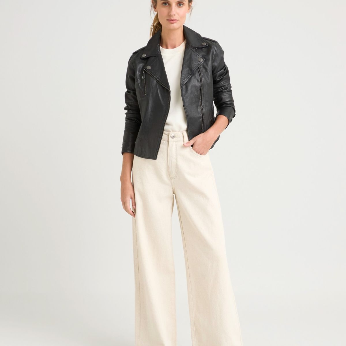 VELEZ - Vélez Casaca Biker De Cuero Para Mujer Charreteras Negro