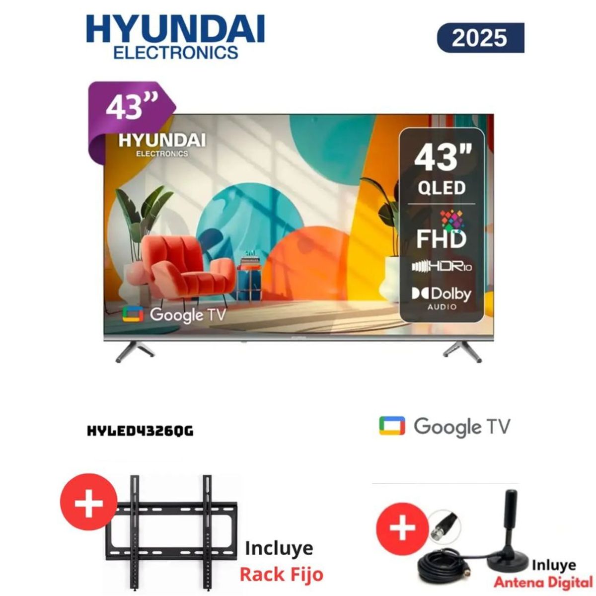 HYUNDAI - TELEVISOR SMART TV HYUNDAI QLED 43 HYLED4326QG + Rack Fijo + Antena Digital