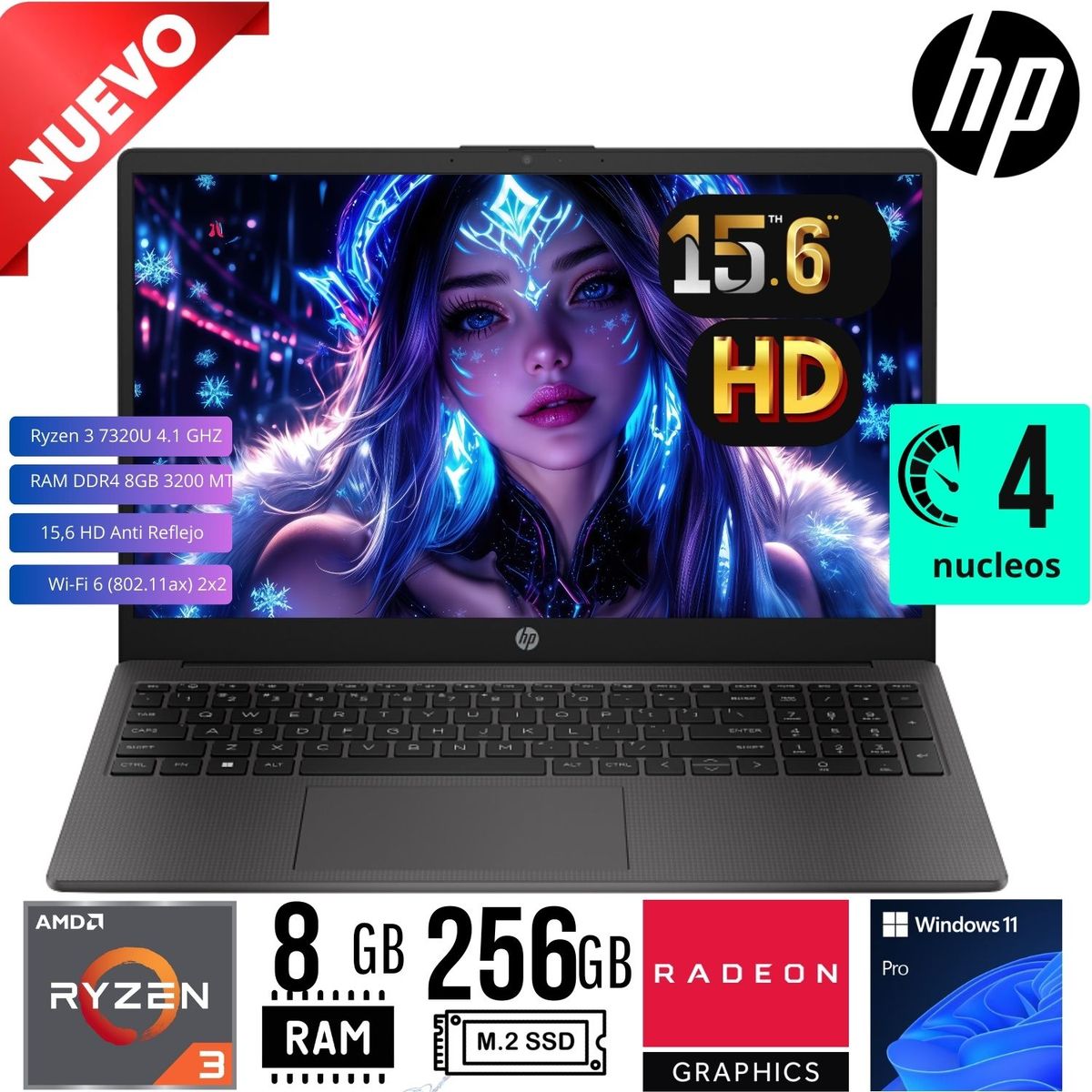HP - LAPTOP HP 255 G10 RYZEN 3 7320U 15.6" HD RAM 8GB SSD 256GB W11 PRO