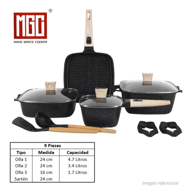 OEM - JUEGO DE OLLAS MGC DE 9 PIEZAS ROCA VOLCANICA BLACK