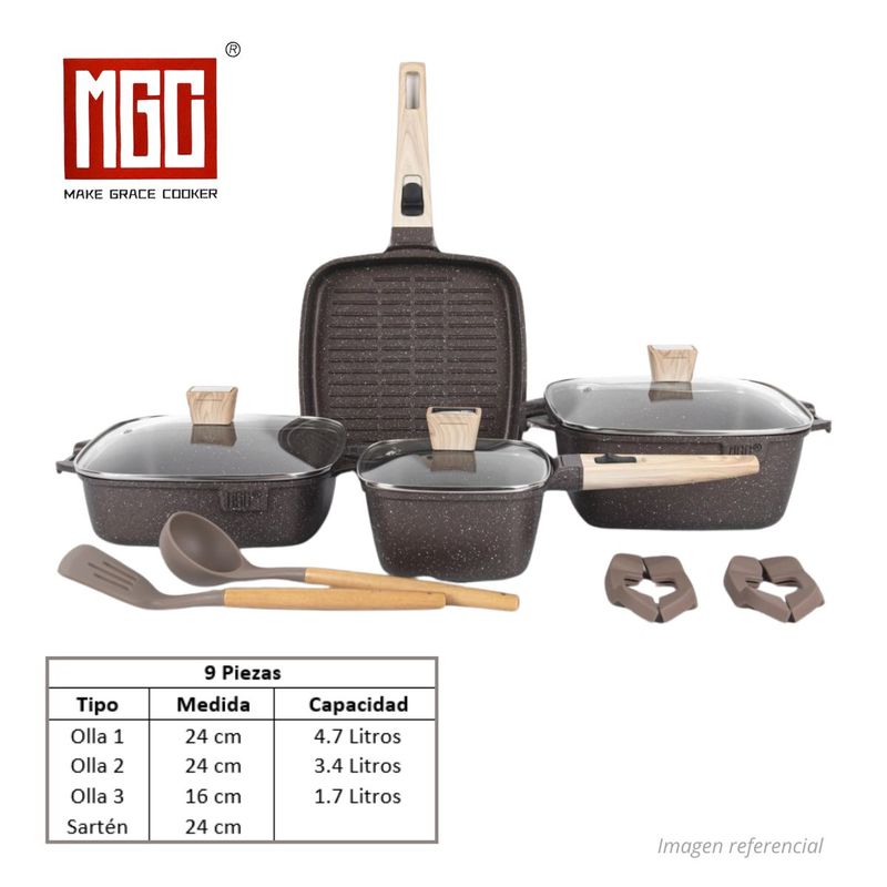OEM - JUEGO DE OLLAS MGC DE 9 PIEZAS ROCA VOLCANICA CAFE