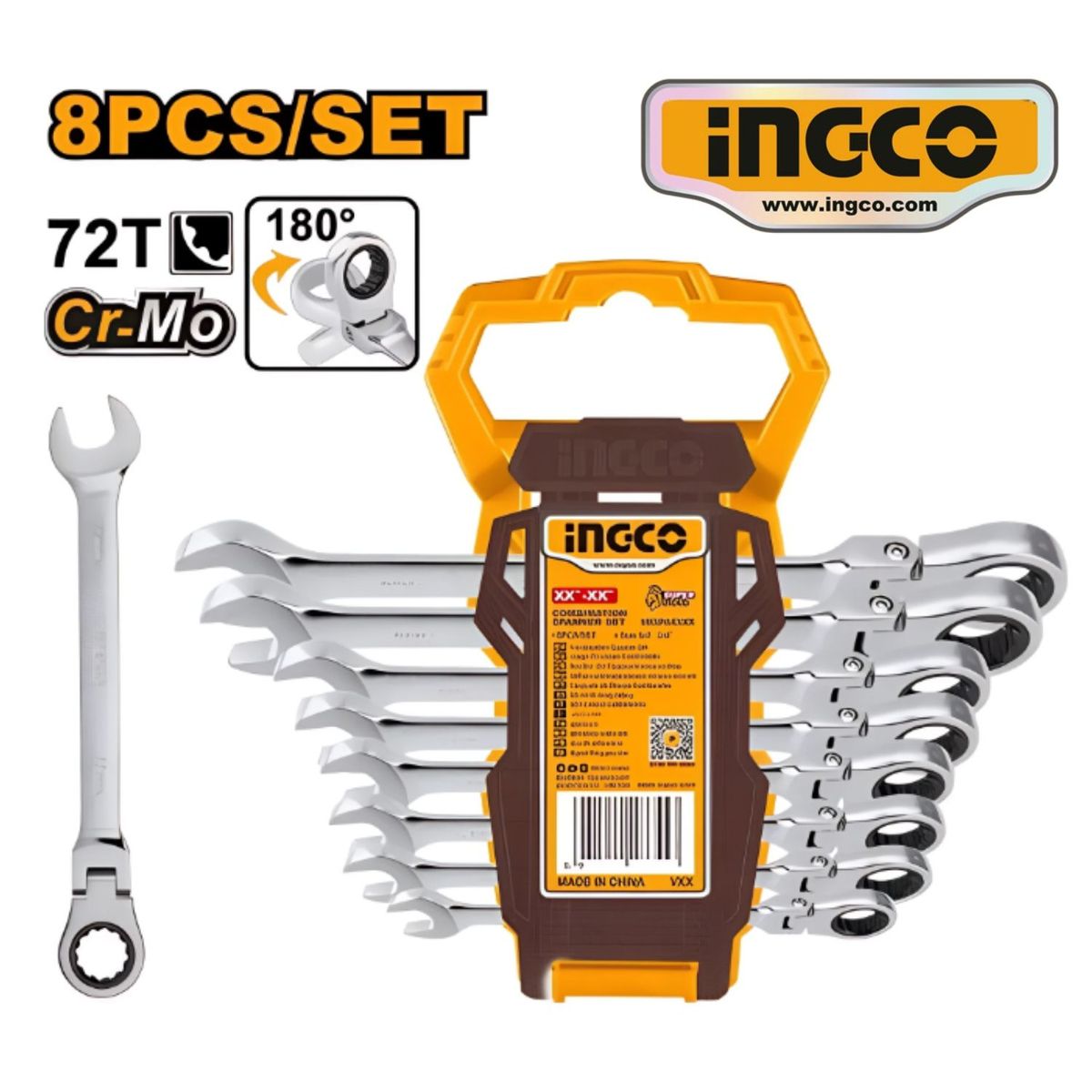 INGCO TOOLS - HKSPAR1083 SET 8pz LLAVES MIXTAS RATCHET ARTICULADA 8-19mm
