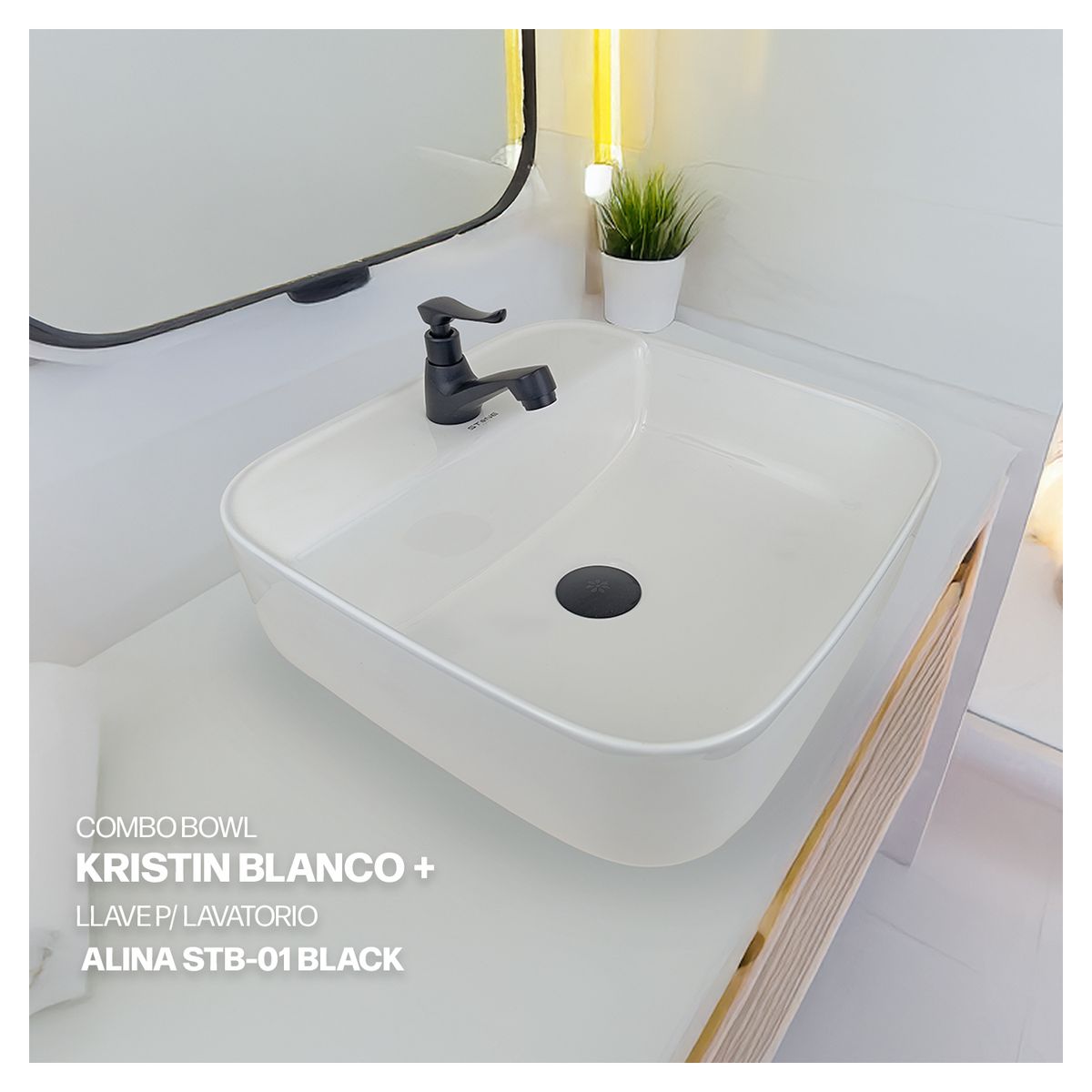 STONE - COMBO BOWL KRISTIN BLANCO + LLAVE PLAVATORIO ALINA STB-01 BLACK STONE