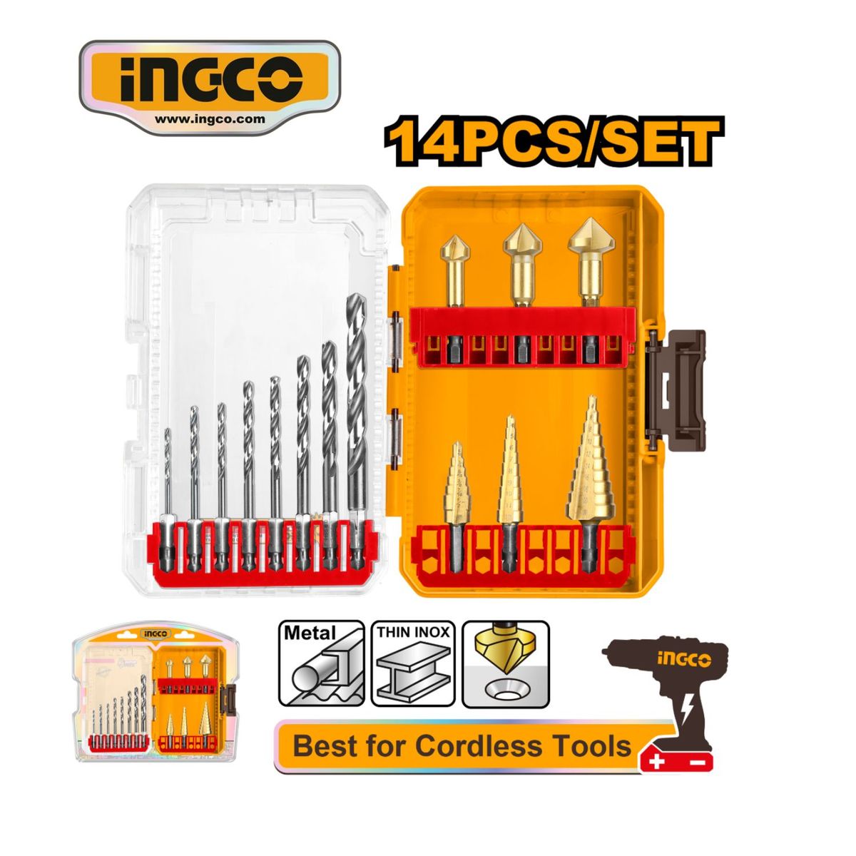 INGCO TOOLS - AKDL61401 SET DE 14 BROCAS HSS Y BROCAS ESCALONADAS