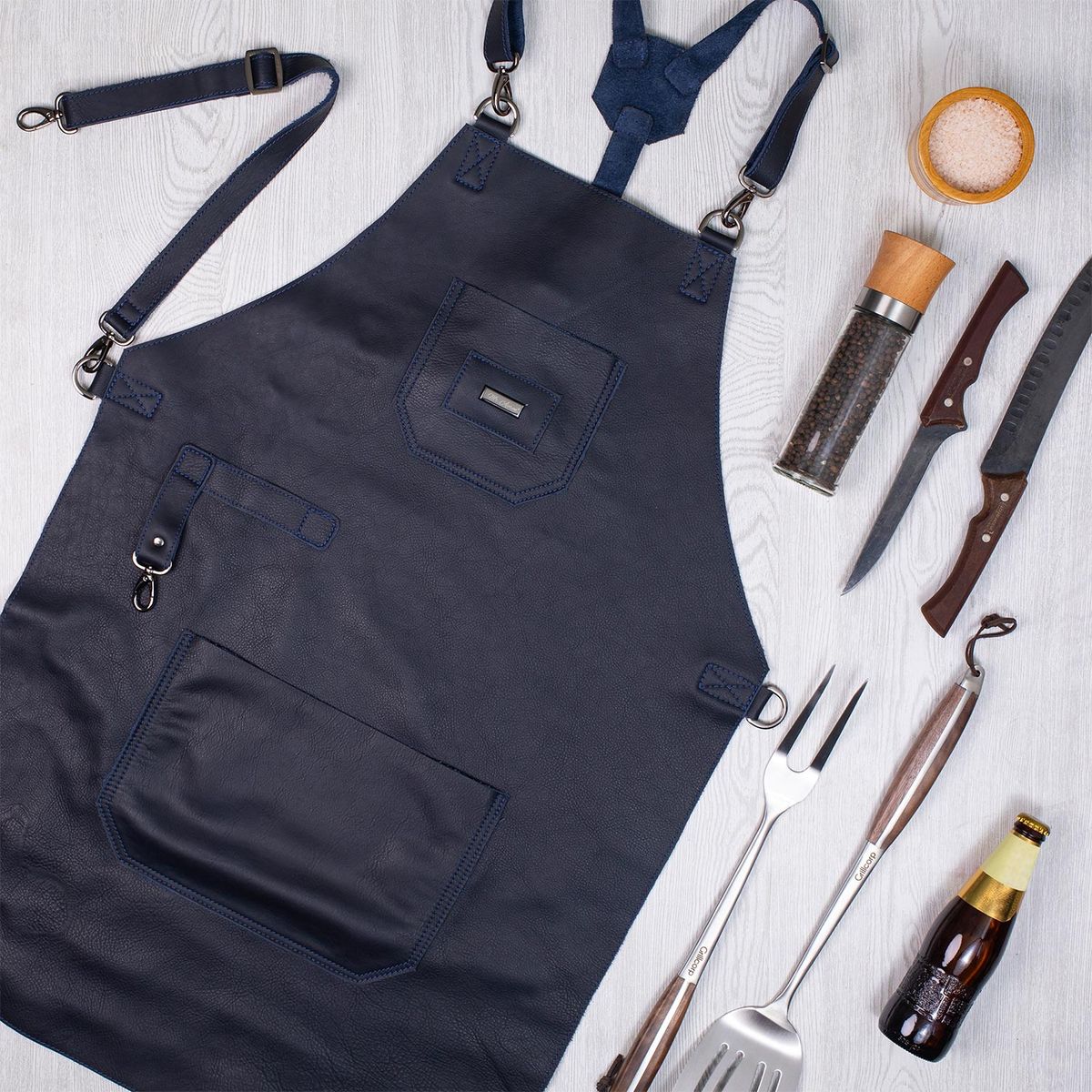 GRILLCORP - Mandil de Cuero Premium Azul Marino Mr Apron