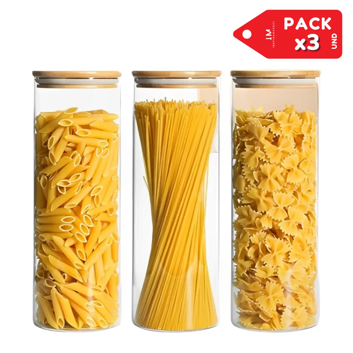 INSPIRA MARKET - Contenedor Hermético de Vidrio con Tapa de Bambú  Pack x3