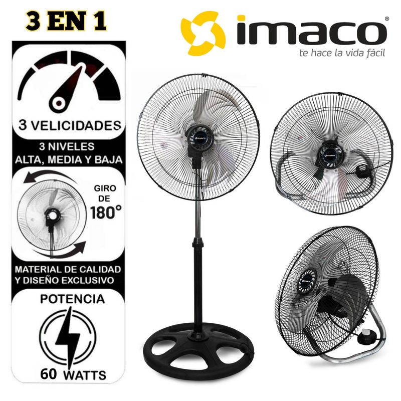 IMACO - Ventilador Imaco FSM 2060 20" 3 en 1 Pedestal Mesa y Pared Negro