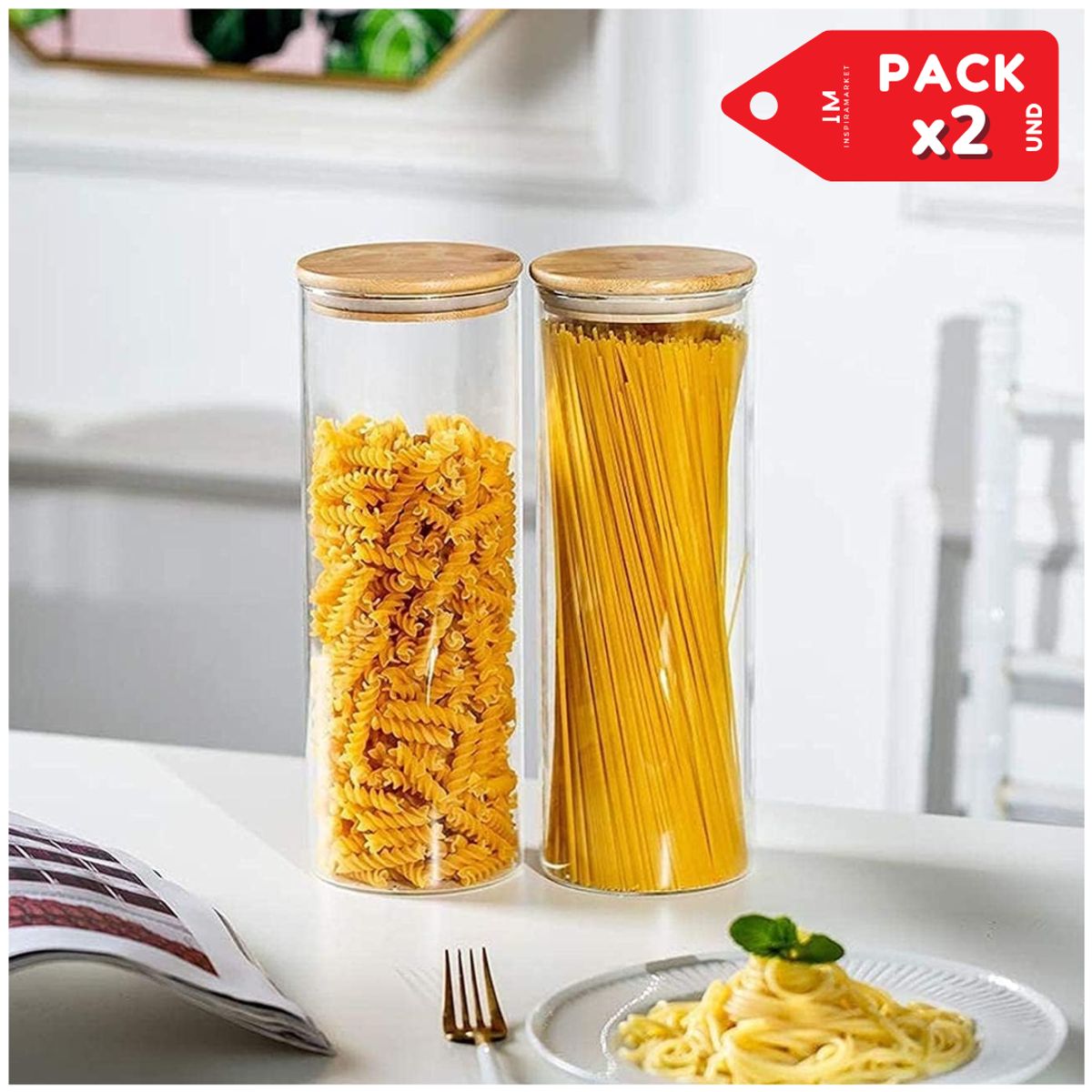 INSPIRA MARKET - Contenedor Hermético de Fideos y Especias Pack x2
