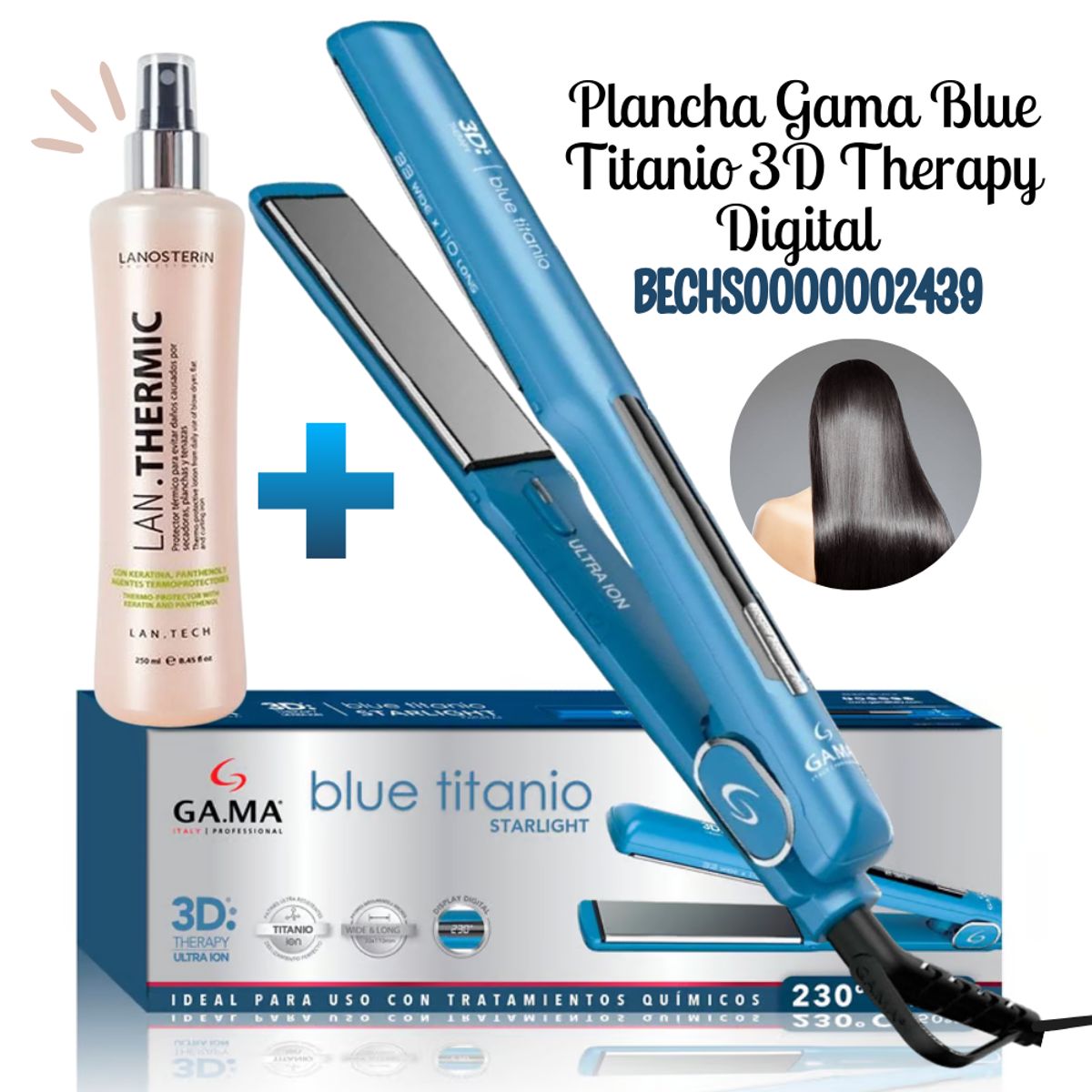 GAMA - Combo Plancha Alisadora Gama Blue Titanio DIG + spray
