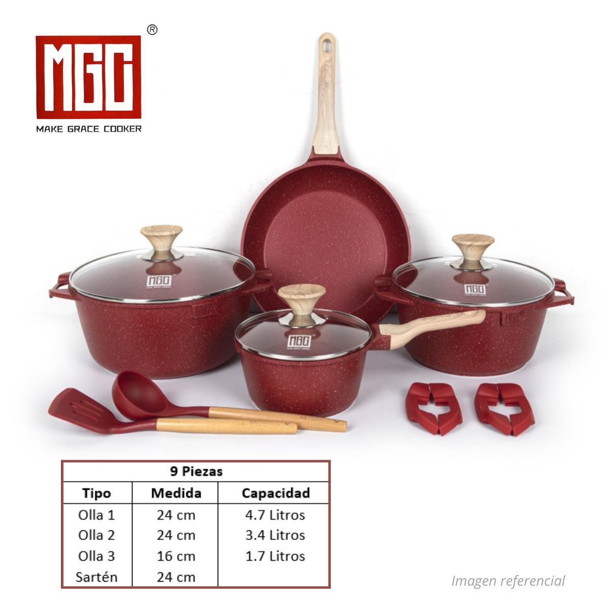 OEM - JUEGO DE OLLAS MGC DE 9 PIEZAS ROCA VOLCANICA RED