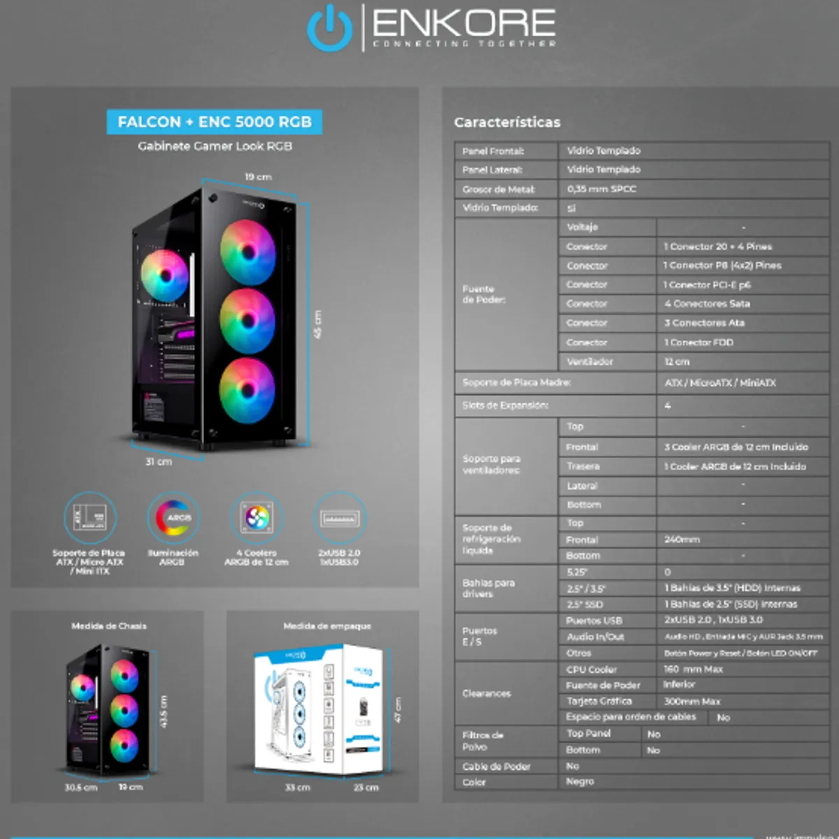 ENKORE - Case Gamer FALCON+ ENK 5000-RGB 4FAN 12CM RGB ENKORE