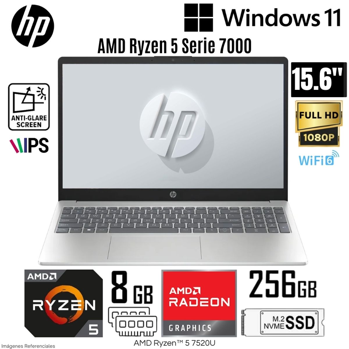 HP - Laptop HP 15-FC0009la AMD Ryzen 5 7520U 8GB RAM DDR5 256GB SSD 15.6"  FHD - Plateado Natural