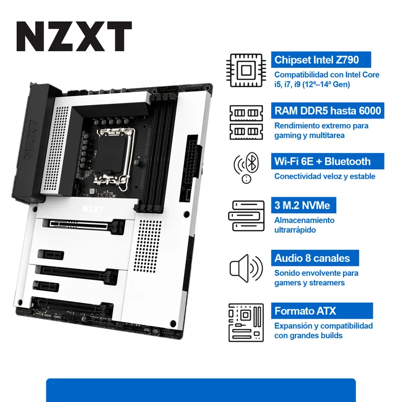 NZXT - Placa Madre NZXT N7-Z790 ATX Intel Z790 Wi-Fi Bluetooth Black