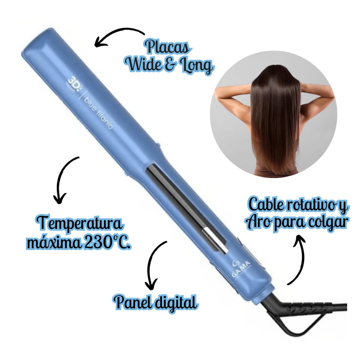 GAMA - Combo Plancha Alisadora Gama Blue Titanio DIG + spray