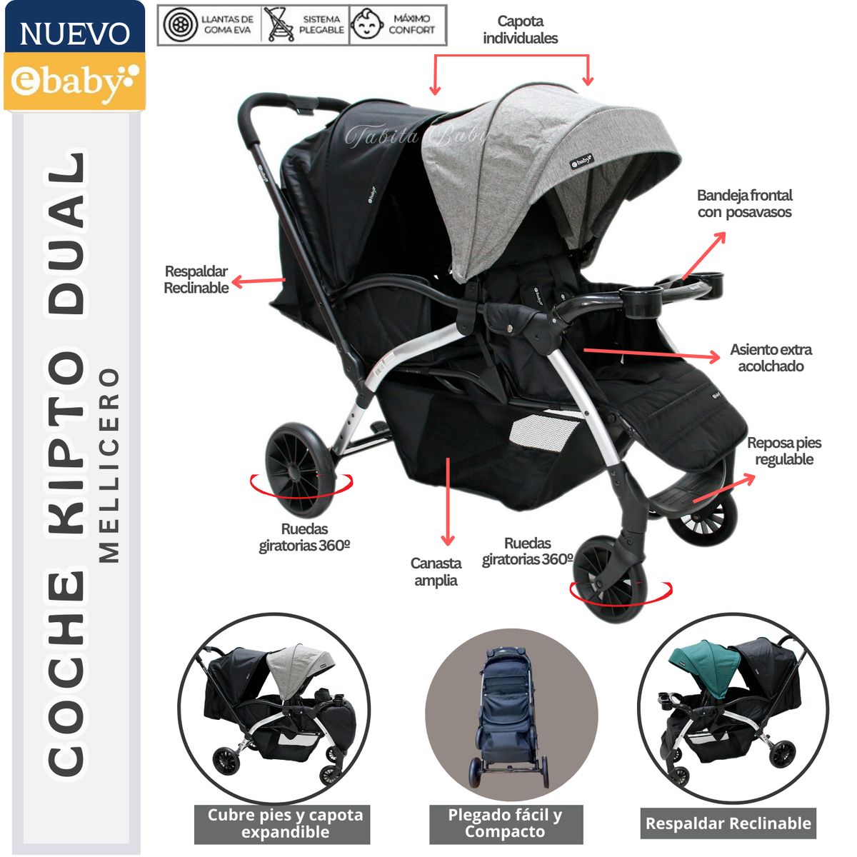 EBABY - Coche Gemelar Kipto Dual Gris Ebaby