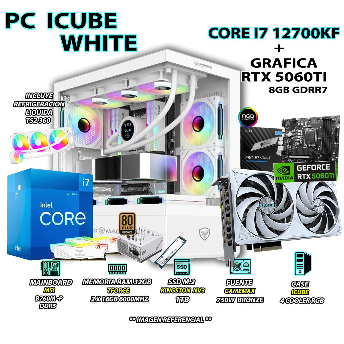 INTEL - Computadora PC Gamer PRO Core i7 12700KF RAM 32GB SSD 1TB GRAFICA RTX 5060TI 8GB