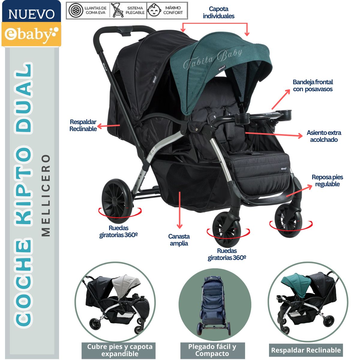 EBABY - Coche Gemelar Kipto Dual Verde Ebaby