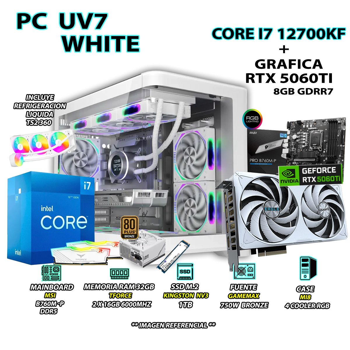 INTEL - Computadora PC Gamer PRO Core i7 12700KF RAM 32GB SSD 1TB GRAFICA RTX 5060TI 8GB
