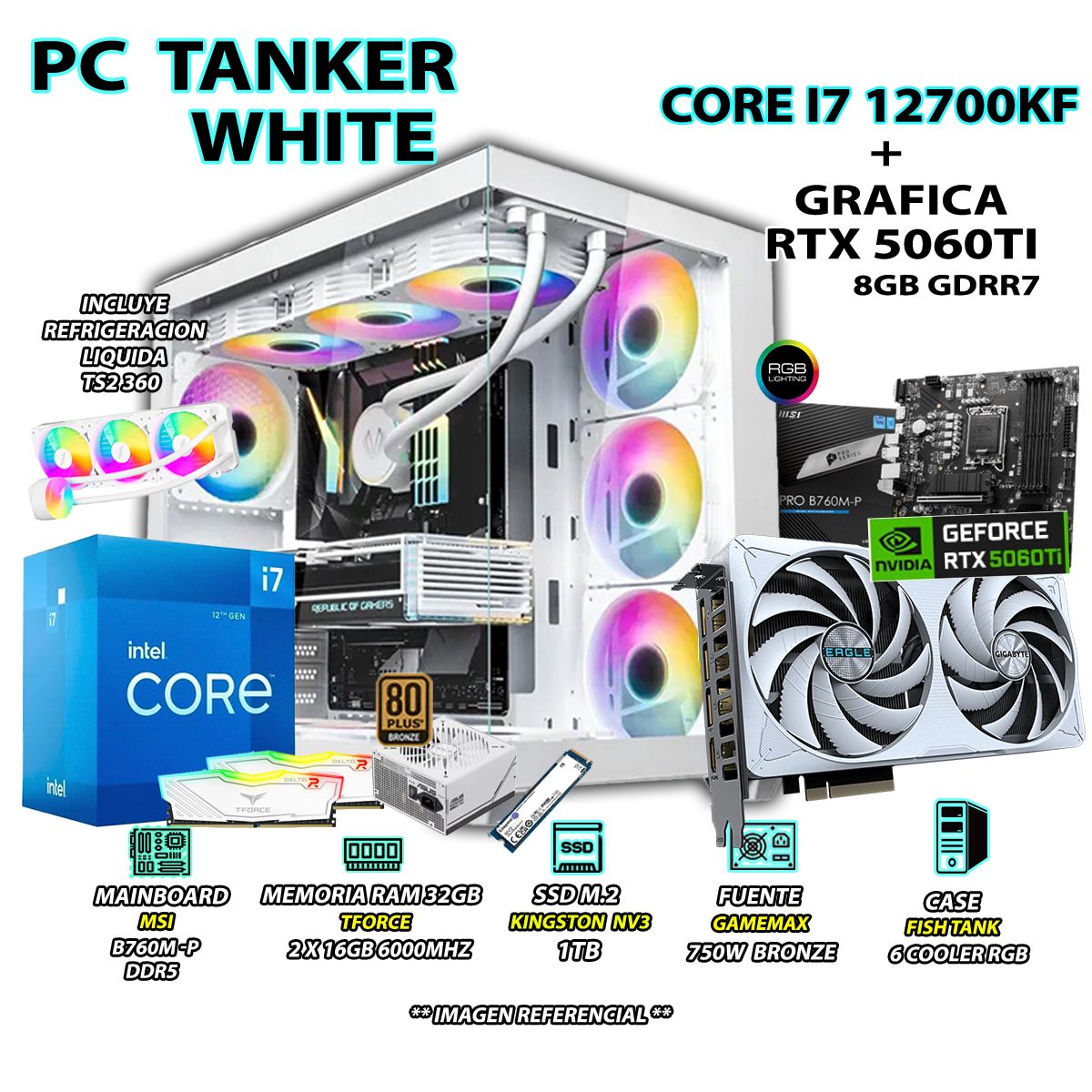 INTEL - Computadora PC Gamer PRO Core i7 12700KF RAM 32GB SSD 1TB GRAFICA RTX 5060TI 8GB