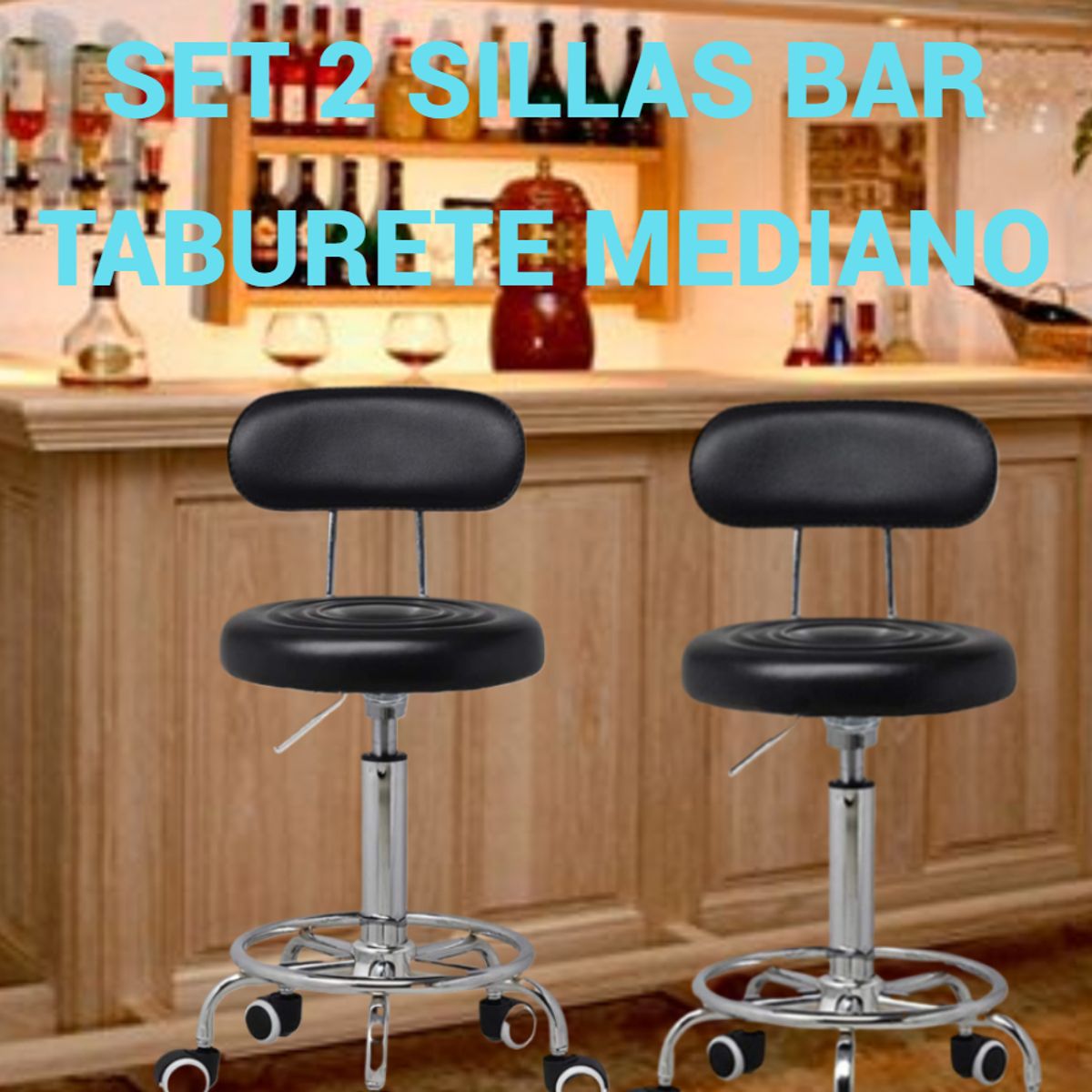 GENERICO - SET 2 SILLAS BANCO BAR BUTACO GIRATORIO TABURETE PU NEGRO ACERO INOX