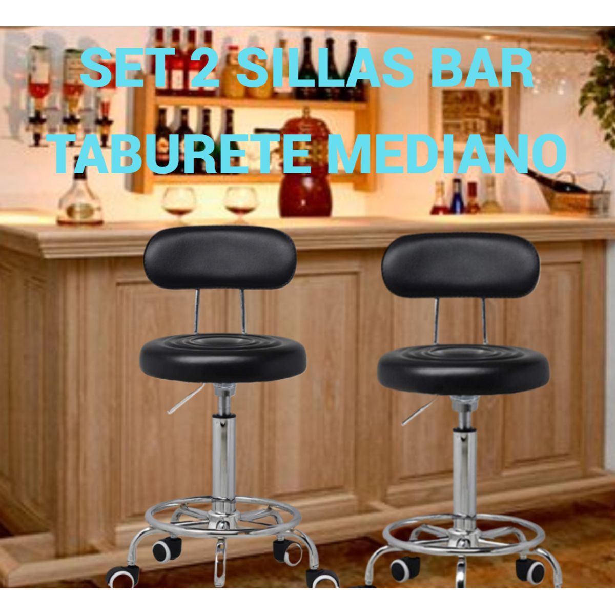 GENERICO - SET 2 SILLAS BANCO BAR BUTACO GIRATORIO TABURETE PU NEGRO ACERO INOX