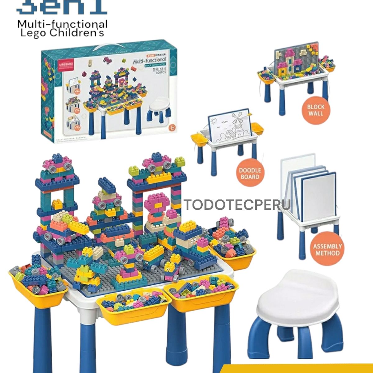 GENERICO - MESA LEGO MULTIFUNCIONAL 3 EN 1 CON 300 BLOQUES + SILLA