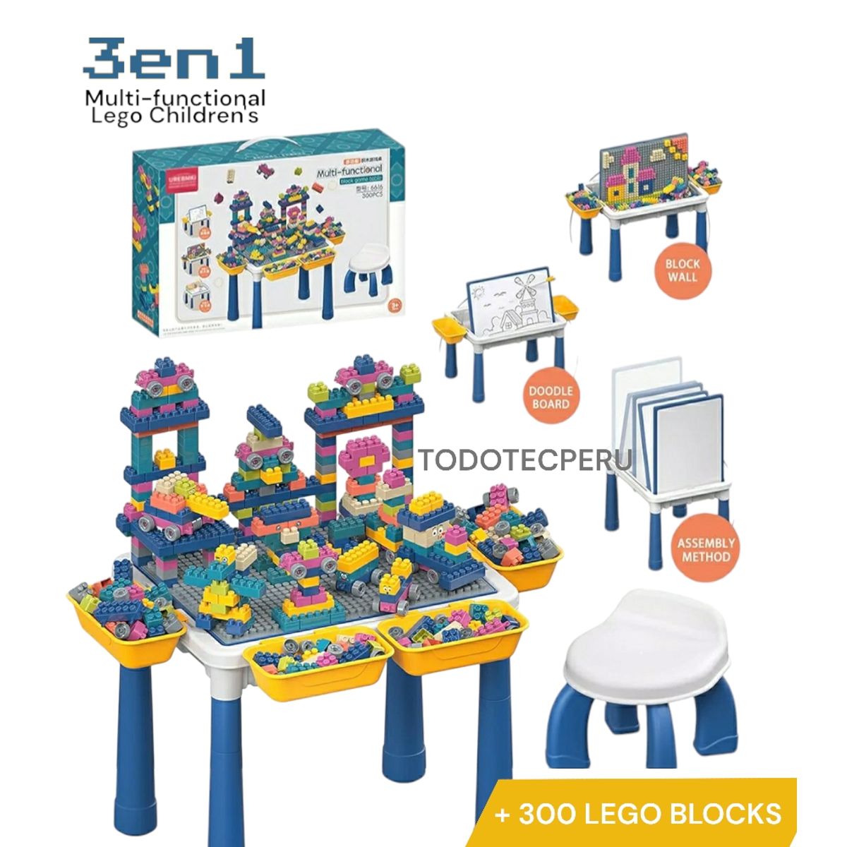 GENERICO - MESA LEGO MULTIFUNCIONAL 3 EN 1 CON 300 BLOQUES + SILLA