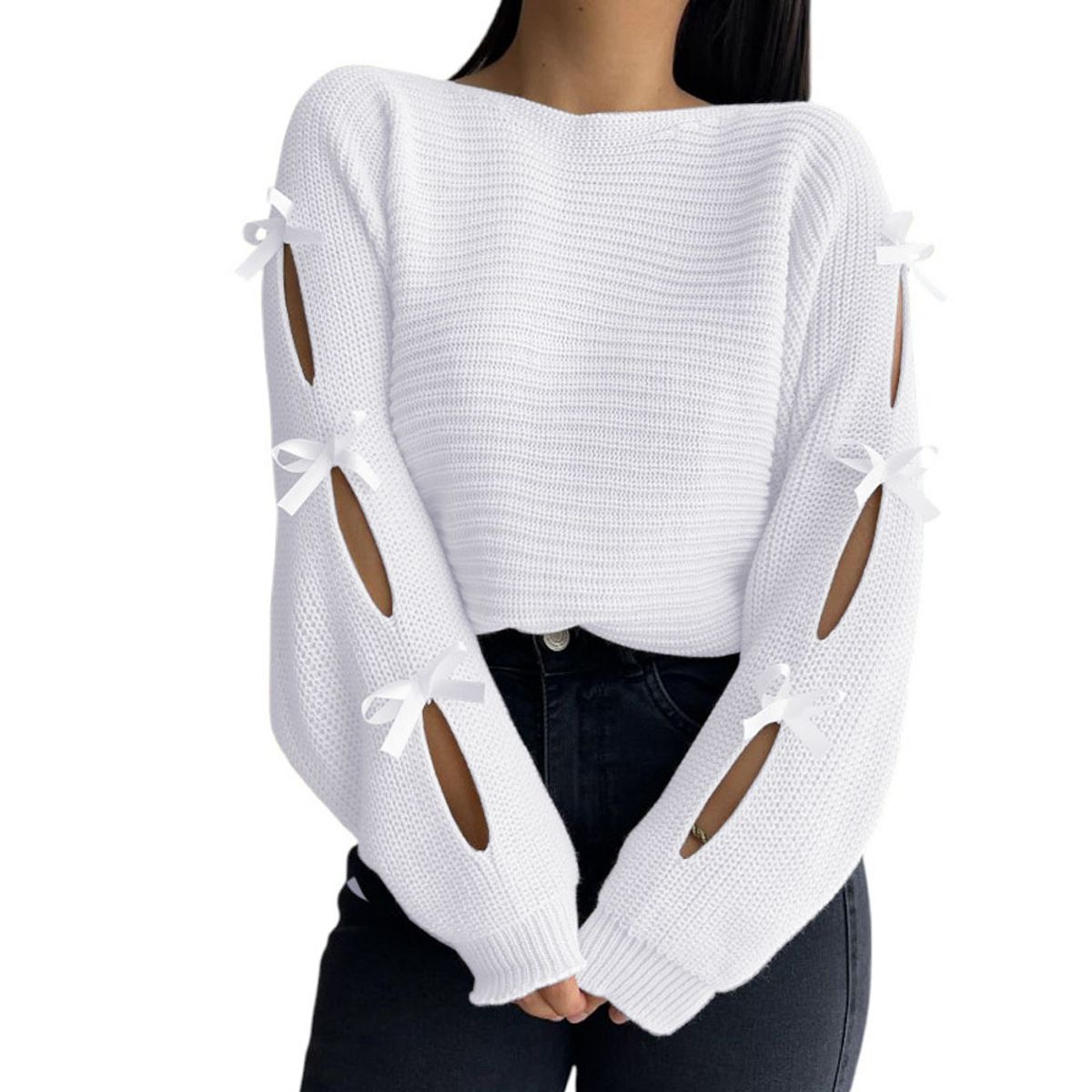 GENERICO - Chompa Mujer 359G-23 Hilo Tacto Con Cintas Color Blanco