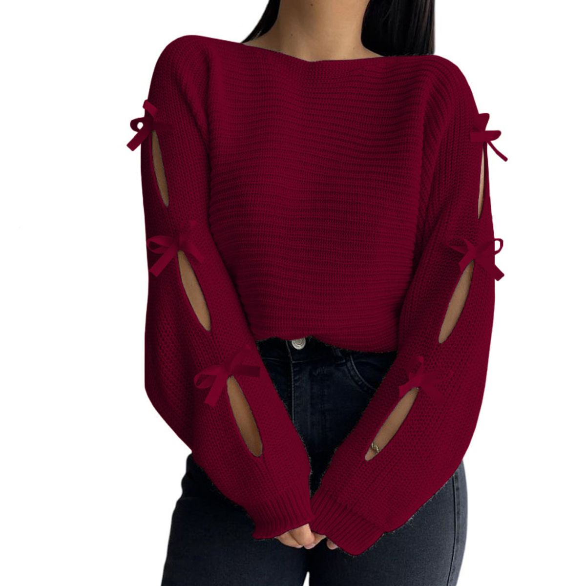 GENERICO - Chompa Mujer 359G-23 Hilo Tacto Con Cintas Color Vino